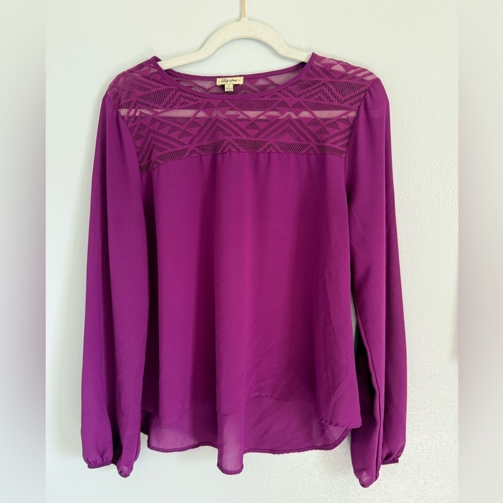 Lily Star Women’s Purple Blouse with Sheer Geometric Yoke Size Large